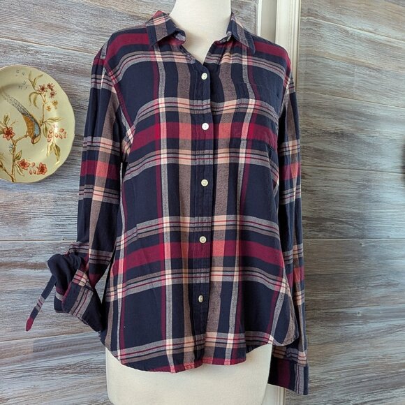 Lucky Brand Plaid Button Down Top Size Large Convertible Roll Up Tab Sleeves - Picture 1 of 11